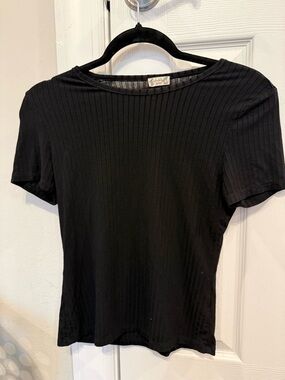 Free People Black Ribbed Short Sleeve Tee